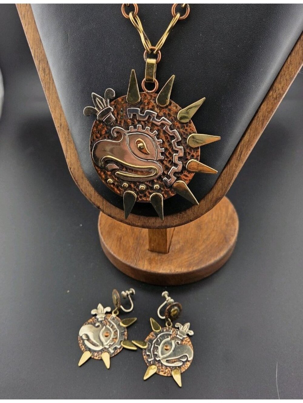 Vintage Mixed Metal Eagle Bird Sun Medallion Pendant Necklace and Earrings
